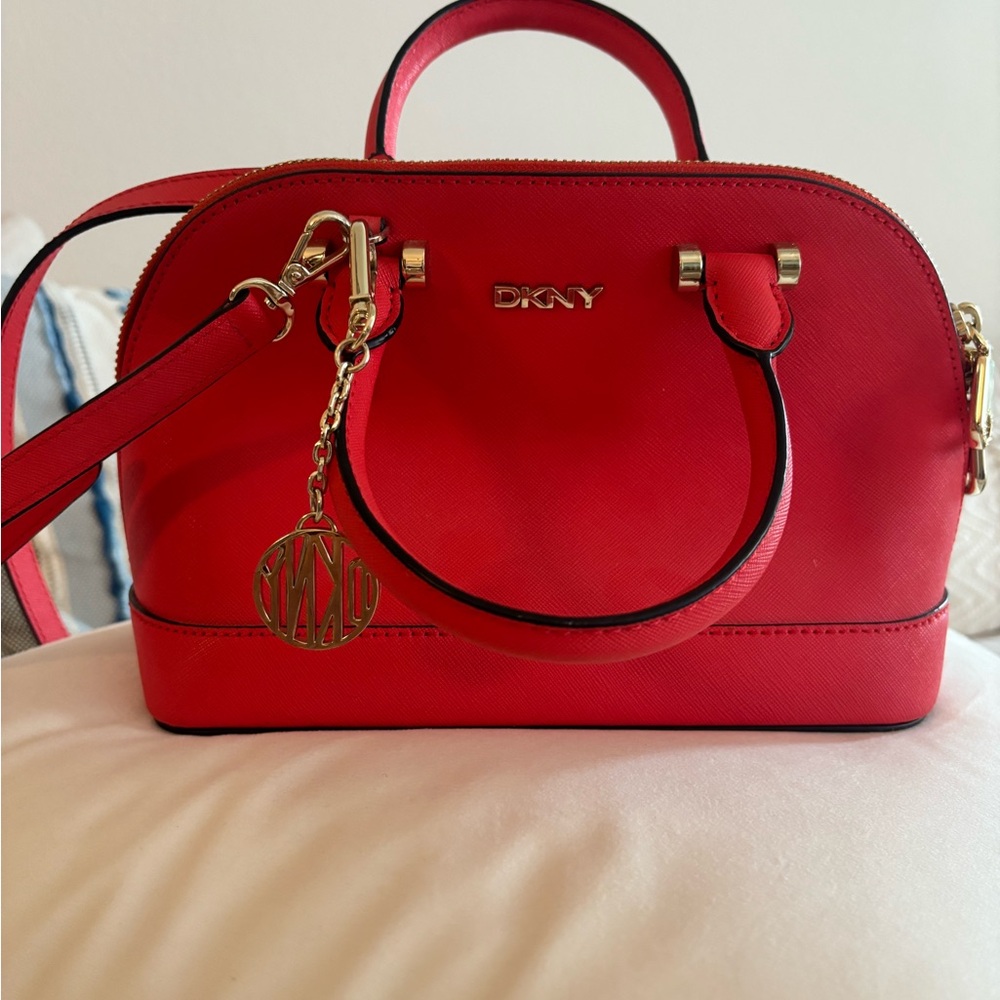DKNY Bryant Convertible Strap Zip Dome Satchel Handbag Red Gold